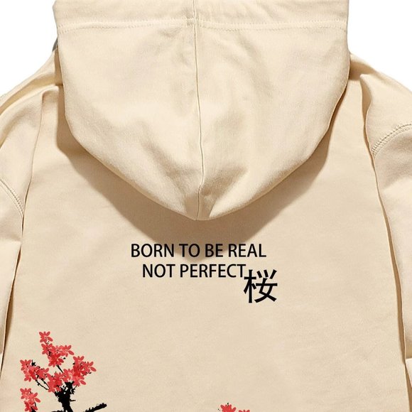 Casual Apricot Men Japanese Letter & Tree Print Hoodie - Picture 5 of 7